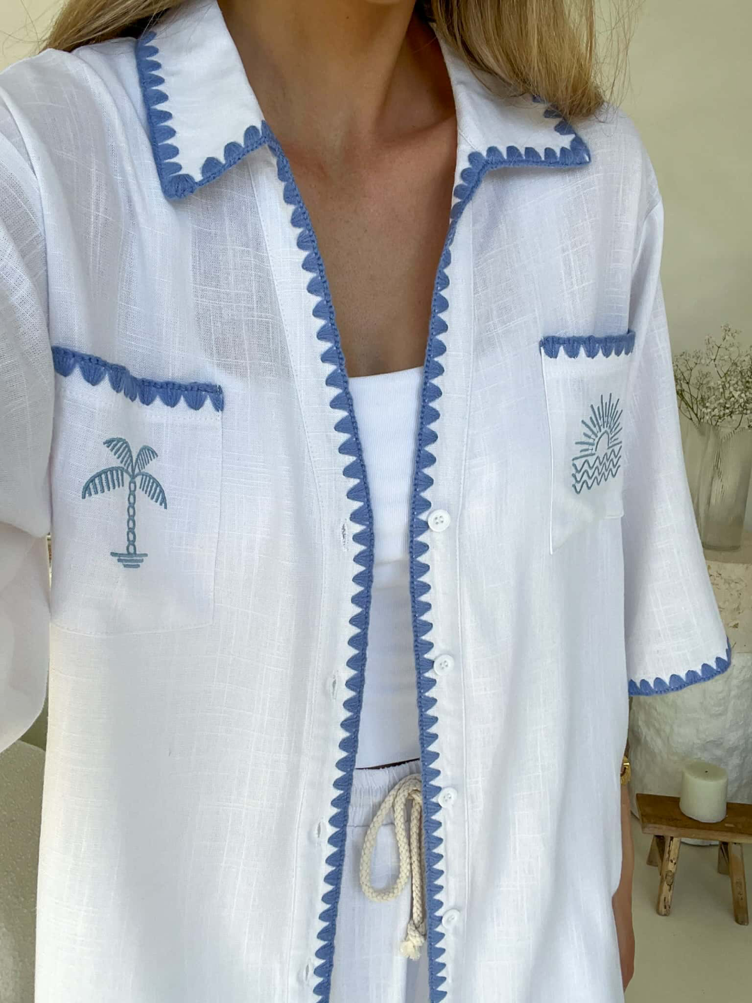 Aria Shirt - White/Blue Stitch